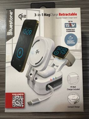 3-in-1 MagCharge Retractable Wireless Charger Stand - White